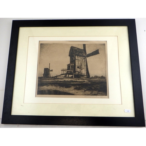 88 - A signed P Sbano 1956 oil on canvas together with a signed etching of a windmill (2)