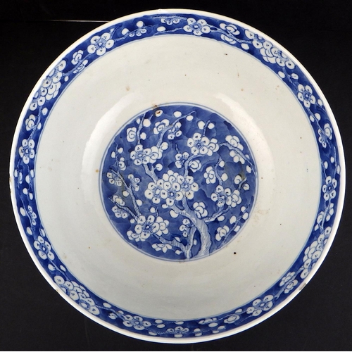 95 - A Chinese blue and white Peony flower Bowl 26cm diameter, af small flea bites to rim