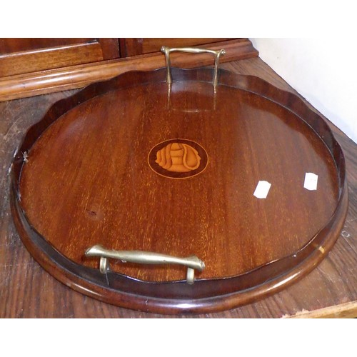 72 - A Edwardian mahogany cupboard together with an inlaid circular tray (2)