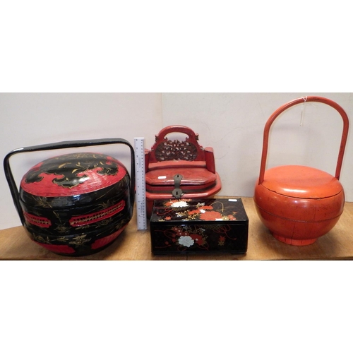 126 - Three Oriental lacquered food / wedding baskets together with a lacquered box