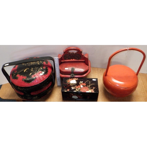 126 - Three Oriental lacquered food / wedding baskets together with a lacquered box