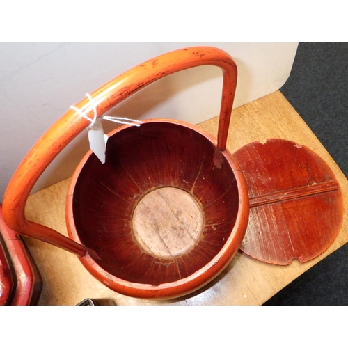 126 - Three Oriental lacquered food / wedding baskets together with a lacquered box