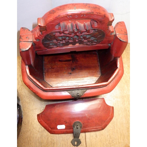 126 - Three Oriental lacquered food / wedding baskets together with a lacquered box