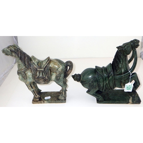128 - Two Oriental polished stone horses together with a small carved soapstone spill vase (3)