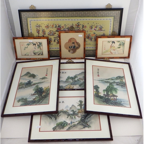 132 - A group of framed Oriental silk pictures and three prints (8)