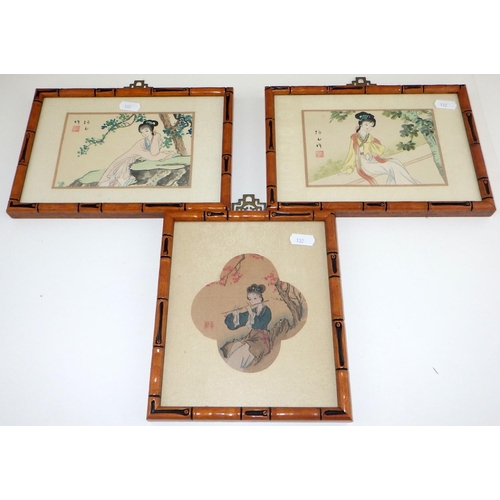 132 - A group of framed Oriental silk pictures and three prints (8)