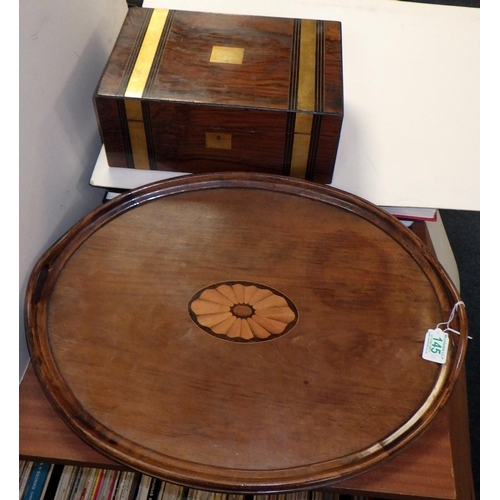 145 - A 19thC writing box together with a mahogany inlaid tray (2)