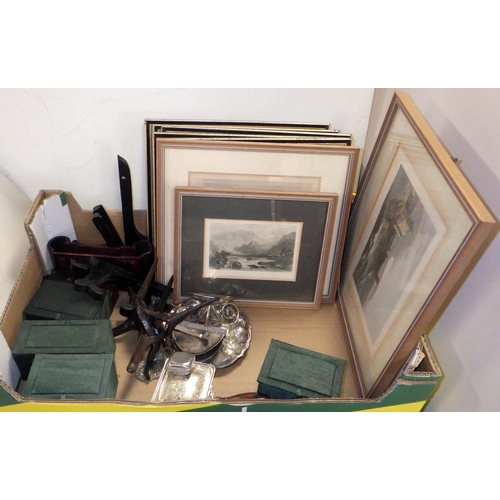 147 - A qty of misc Oriental stands, boxes together with a group of framed prints and silver plate