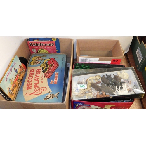 149 - A boxed Marx childs record player & singles together with misc toy figures to inc Britains and a sma... 