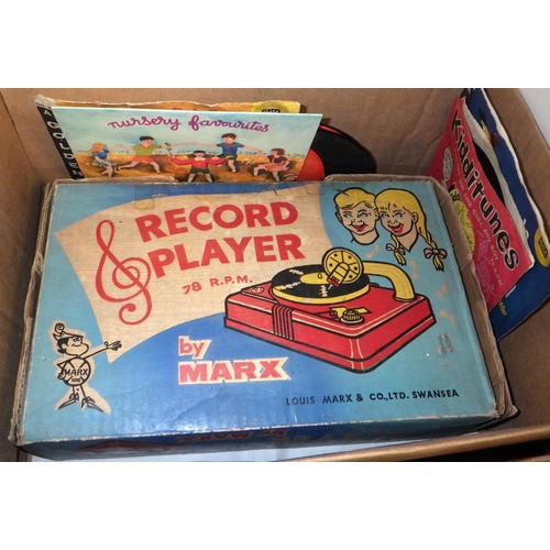 149 - A boxed Marx childs record player & singles together with misc toy figures to inc Britains and a sma... 