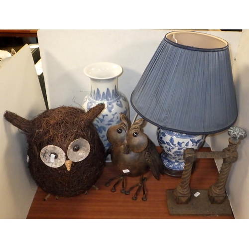 153 - An Oriental design table lamp together with a similar vase, two owls and a fire dog (5)