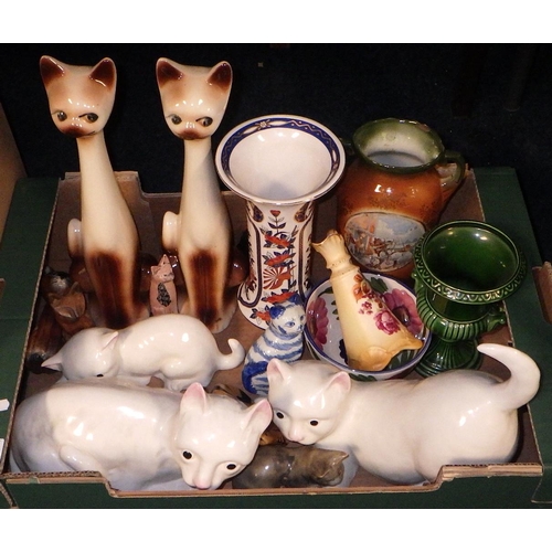 156 - A set of Meercat soft toys together with misc ceramics, cat figures and an electric guitar