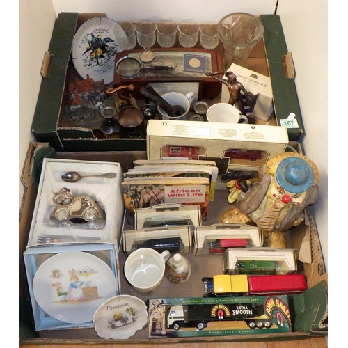 167 - Two boxes of misc collectables to inc die cast vehicles, cigarette cards etc together with a large b... 