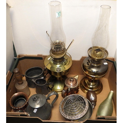 171 - Two oil lamps together with misc metal wares etc