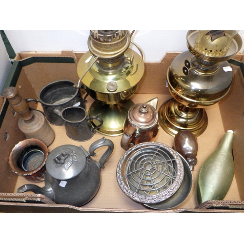 171 - Two oil lamps together with misc metal wares etc