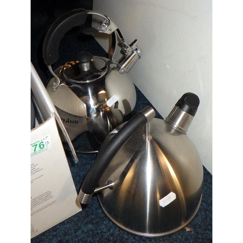 176 - Two stainless whistler teapots, a steel jam pan (3)