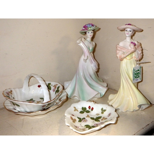 180 - Two Coalport figures together with three Wedgwood Wild Strawberry dishes (5)