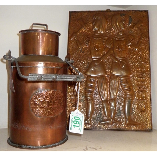 190 - An Arts and crafts style embossed copper plate together with a copper churn (2)