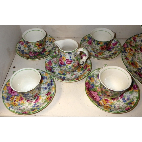199 - A Midwinter Chintz cakestand together with similar cups, saucers and a milk jug