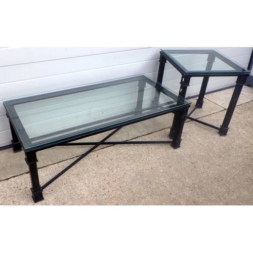 834 - A glass topped rectangular coffee table, 120cm long together with a matching occasional table (2)