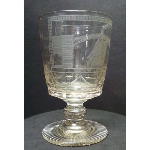 260 - A commemorative bucket rummer drinking glass having wheel engraved decoration depicting the 1796 Wea... 