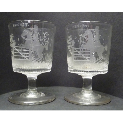 262 - A pair of Regency rummer drinking glasses having matching wheel engraved equestrian motif panels tit... 