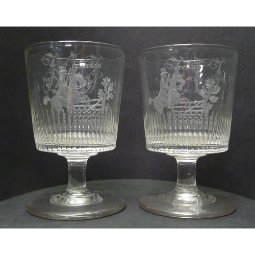 262 - A pair of Regency rummer drinking glasses having matching wheel engraved equestrian motif panels tit... 