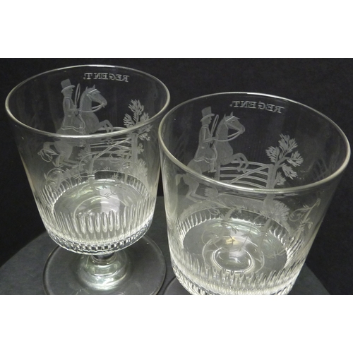 262 - A pair of Regency rummer drinking glasses having matching wheel engraved equestrian motif panels tit... 