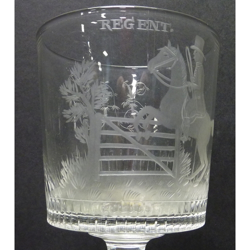 262 - A pair of Regency rummer drinking glasses having matching wheel engraved equestrian motif panels tit... 