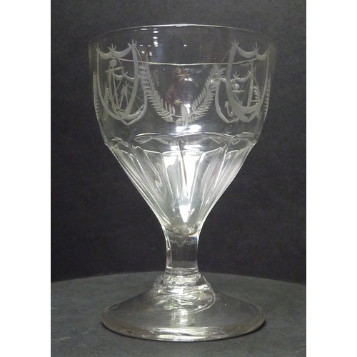 263 - A petal moulded rummer drinking glass having wheel engraved anchor and swag motif decorative frieze.... 