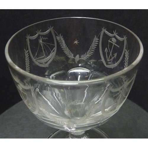 263 - A petal moulded rummer drinking glass having wheel engraved anchor and swag motif decorative frieze.... 