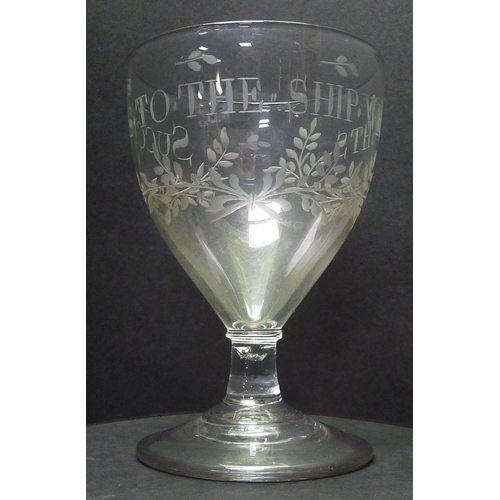 264 - A rummer drinking glass wheel engraved with a garland and the motto 
