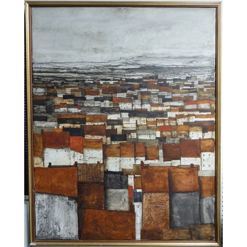 269 - Townscape No32: unsigned painting on canvas depicting a roofscape of houses, attributed to John Ridg... 