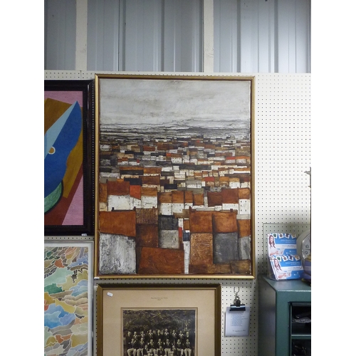 269 - Townscape No32: unsigned painting on canvas depicting a roofscape of houses, attributed to John Ridg... 