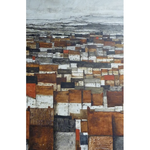 269 - Townscape No32: unsigned painting on canvas depicting a roofscape of houses, attributed to John Ridg... 