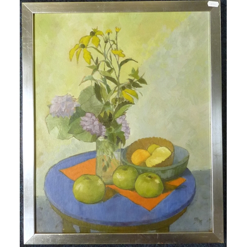 272 - Still life with flowers and apples: painting on board, Cyril Cooke, signed and dated (19)75.  41 x 5... 