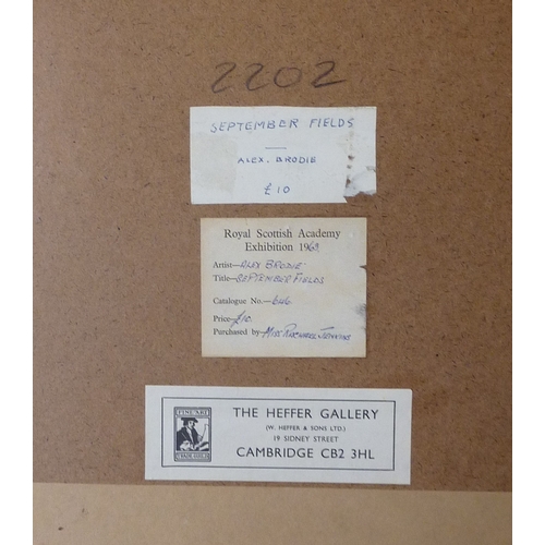275 - September Fields: watercolour Alex Brodie, signed A Brodie and bearing Royal Scottish Academy 1963 l... 