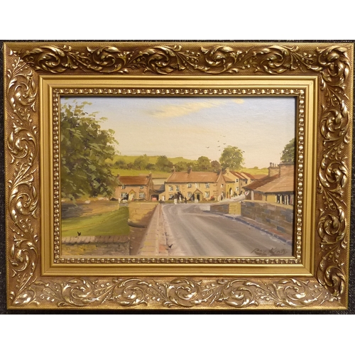 276 - Burnsall, Wharfedale, painting on board, Roy Kraty.  24 x 16cm within gilt frame