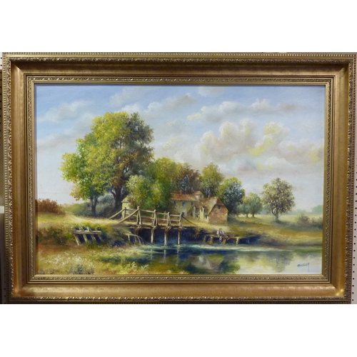 280 - Landscape view with cottage and river, painting on canvas signed Wheeler.  75 x 49cm within mount an... 