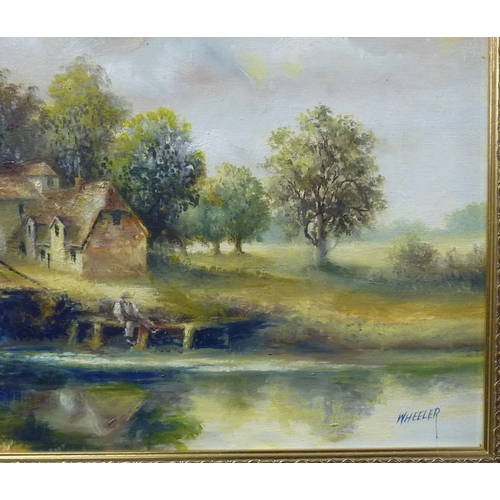 280 - Landscape view with cottage and river, painting on canvas signed Wheeler.  75 x 49cm within mount an... 