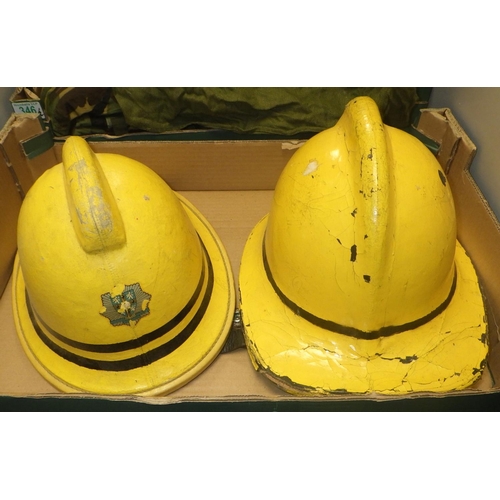 346 - Two yellow fire brigade helmets, a Soviet era full gas mask suit, other gas masks etc  (2)