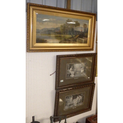 321 - A large gilt framed oil on canvas Lakeland scene together with two interior prints (3)