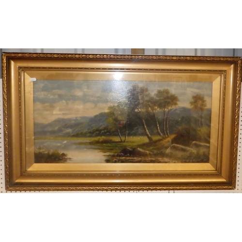 321 - A large gilt framed oil on canvas Lakeland scene together with two interior prints (3)