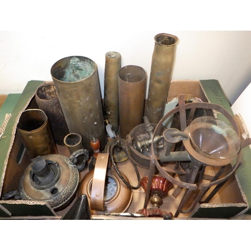 333 - A large qty of misc metal wares to inc, tea pots, foot warmers, trench art shells etc (4)