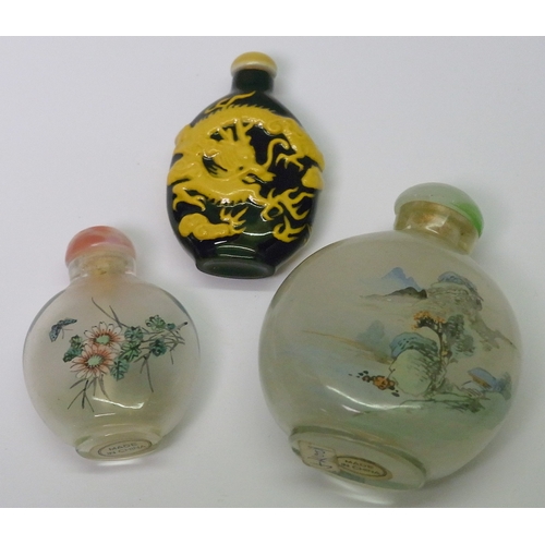 219 - Five various snuff and scent bottles incl Chinese examples; a base metal pot.