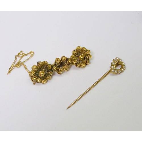 229 - A stick pin, yellow metal set with seed pearls; costume jewellery incl bar brooches.