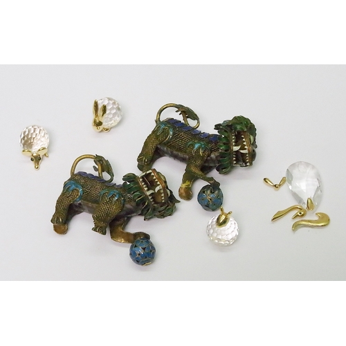230 - Two Chinese temple lions, cloisonne enamel and brass;   together with small crystal animals a/f