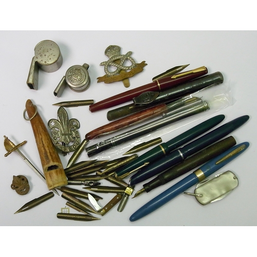 249 - Fountain pens incl a Shaeffer piston filler and Parker; pen nibs, whistles badges etc.