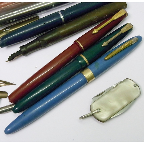 249 - Fountain pens incl a Shaeffer piston filler and Parker; pen nibs, whistles badges etc.
