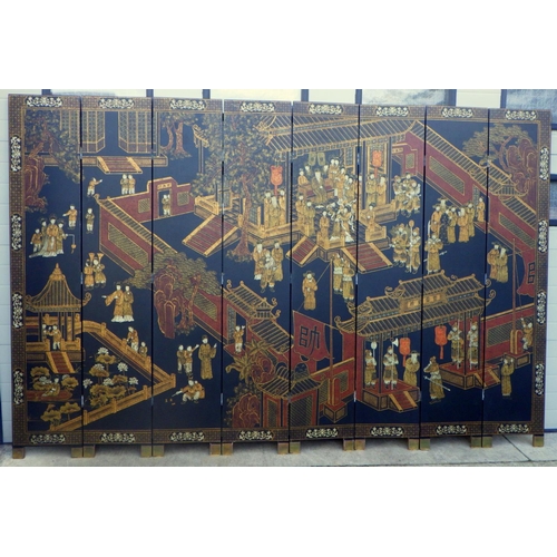 An eight panel black screen with temple scene, 328cm wide approx x 214cm tall